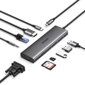 HUB chuyển đổi Type C Ugreen 15601 USB-C sang 3xUSB-A 3.0 + HDMI + VGA+ RJ45(LAN) + SD/TF +3.5mm+PD 4K30Hz