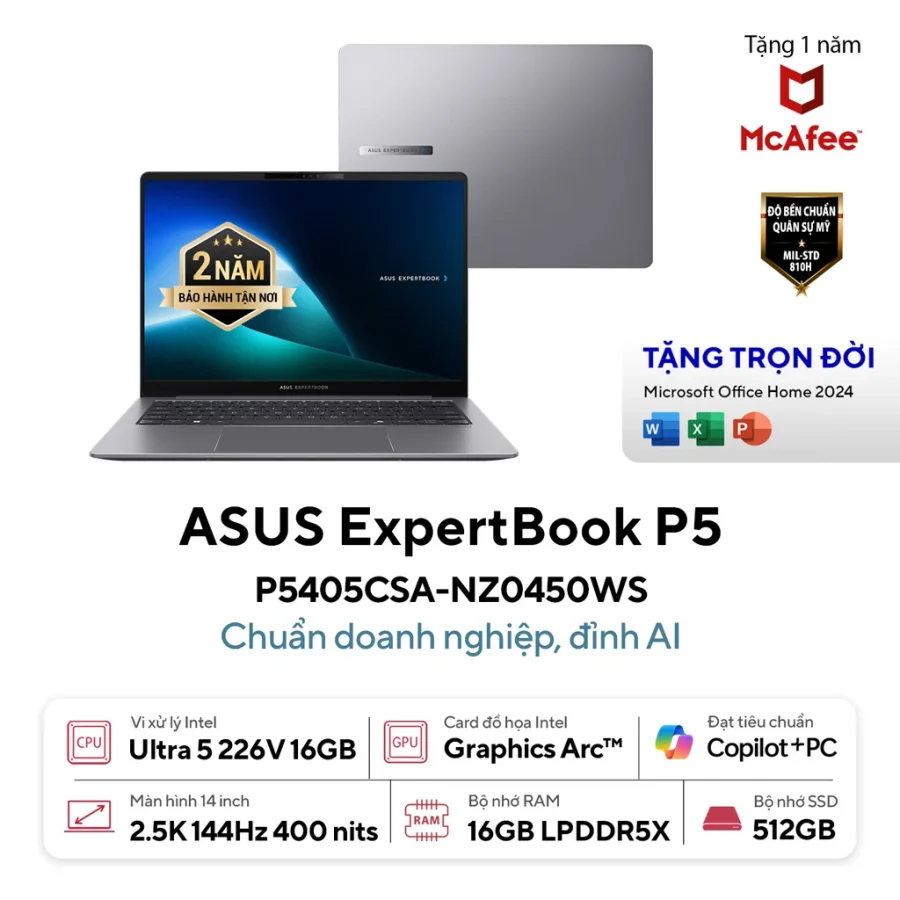 Laptop ASUS ExpertBook P5 P5405CSA-NZ0450WS (Ultra U5 226V | 16GB | 512GB | Intel Arc 130V | 14' WQXGA | Win 11 + Office)